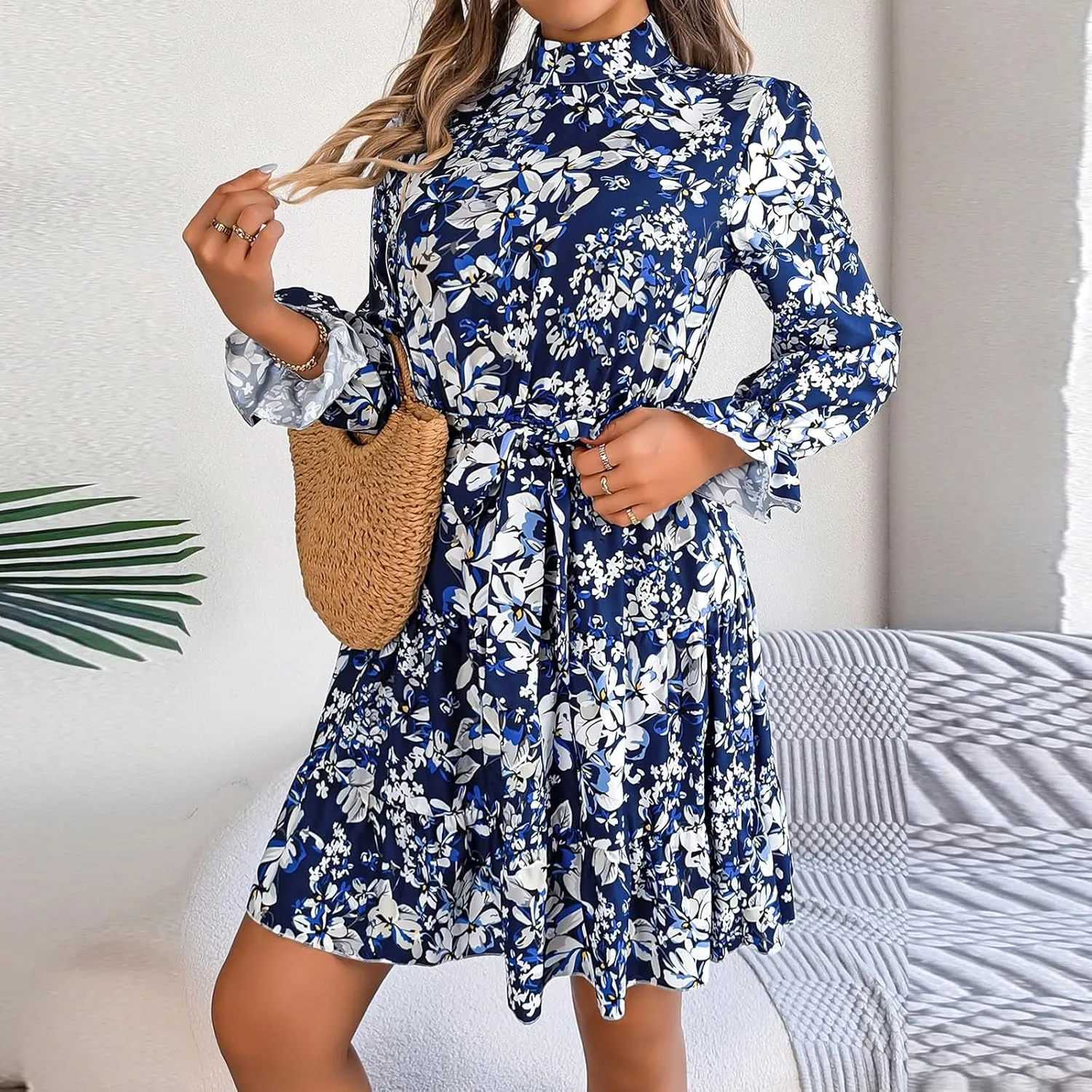 Women's Spring Dress Midi Long Puff Sleeve Wrap V Neck Flowy Pleated Ruffle Dresses Casual A Line Dress with Belt