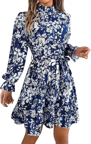 Women's Spring Dress Midi Long Puff Sleeve Wrap V Neck Flowy Pleated Ruffle Dresses Casual A Line Dress with Belt