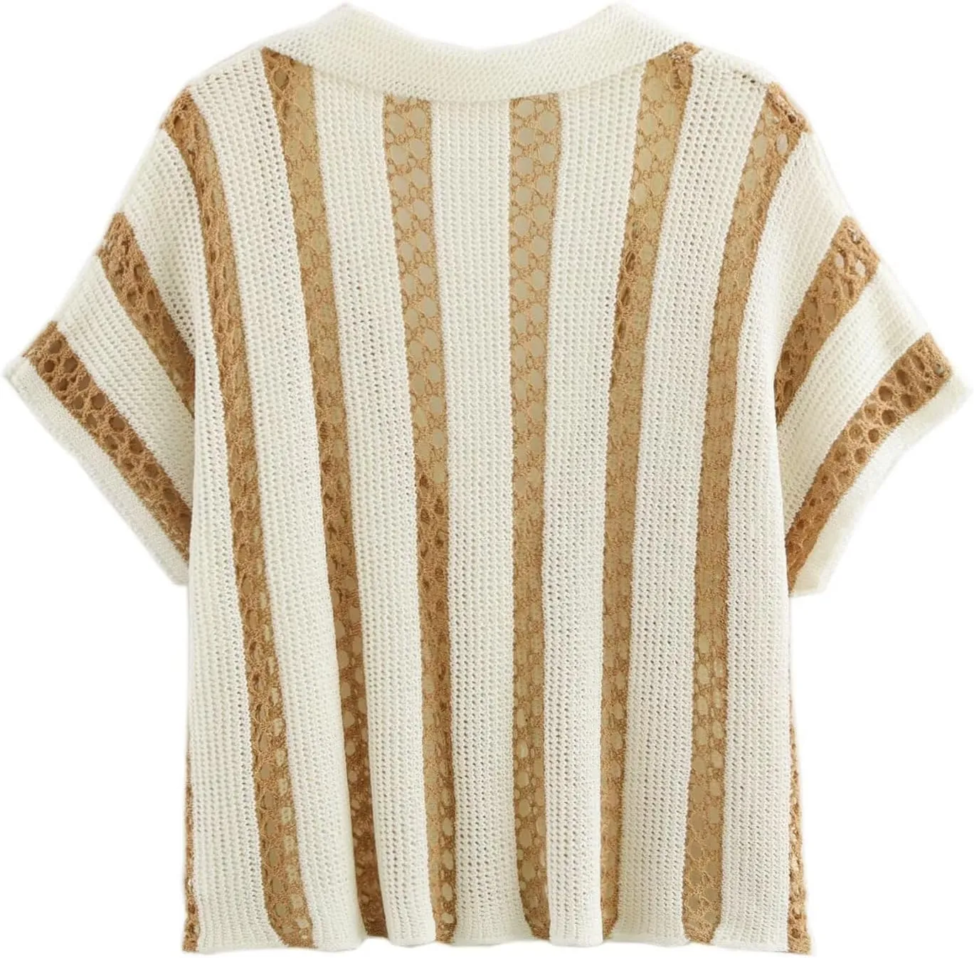 Womens Striped Cropped Crochet Cardigan Summer Casual Short Sleeve V-Neck Button Down Hollow Out Sweater Tops
