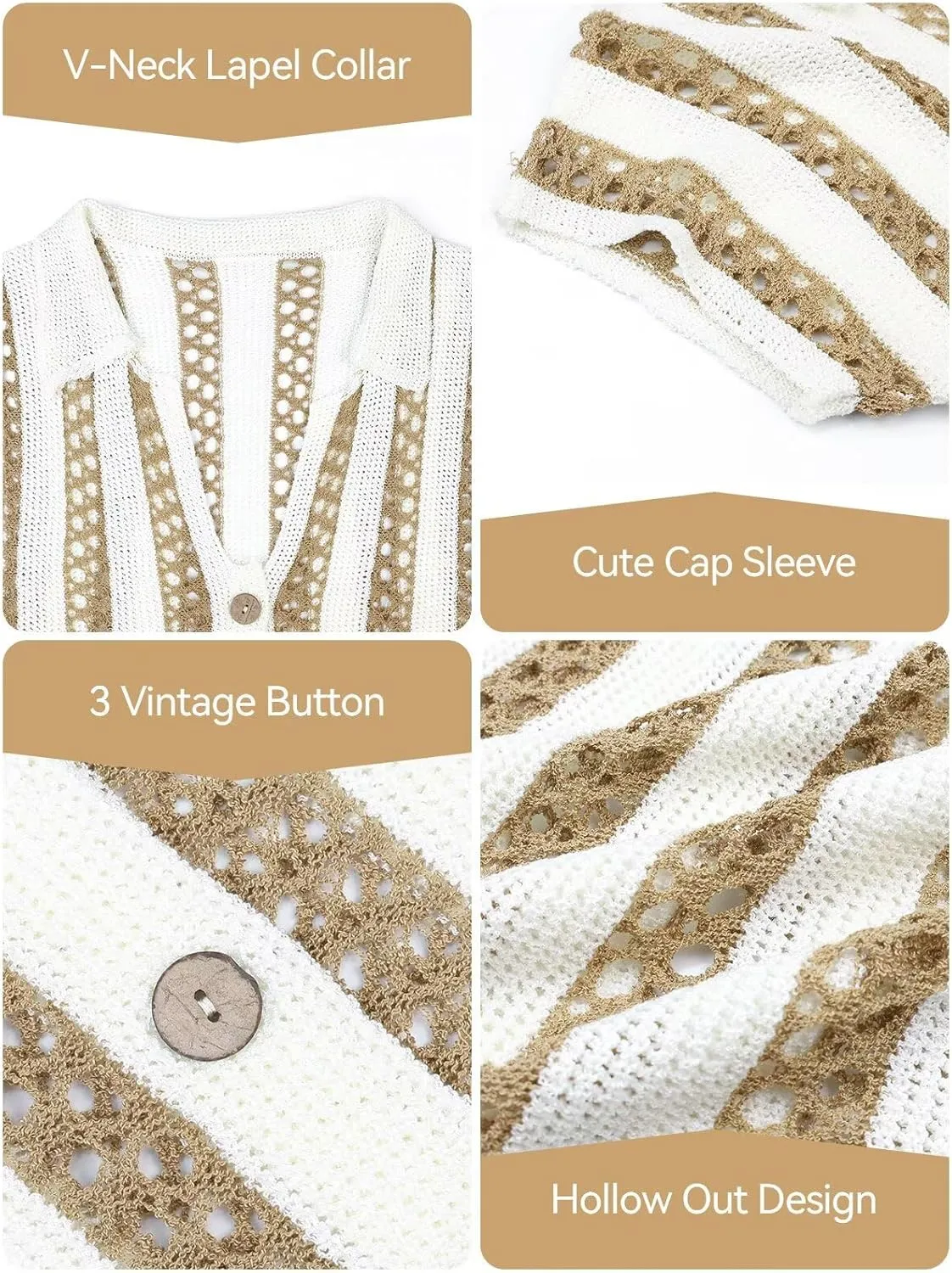 Womens Striped Cropped Crochet Cardigan Summer Casual Short Sleeve V-Neck Button Down Hollow Out Sweater Tops
