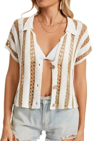 Womens Striped Cropped Crochet Cardigan Summer Casual Short Sleeve V-Neck Button Down Hollow Out Sweater Tops