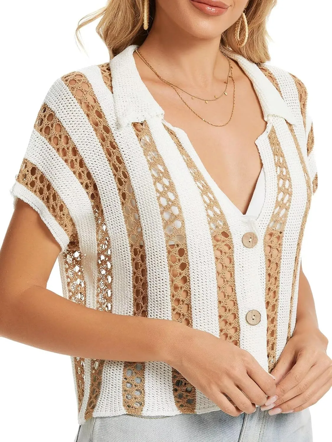 Womens Striped Cropped Crochet Cardigan Summer Casual Short Sleeve V-Neck Button Down Hollow Out Sweater Tops