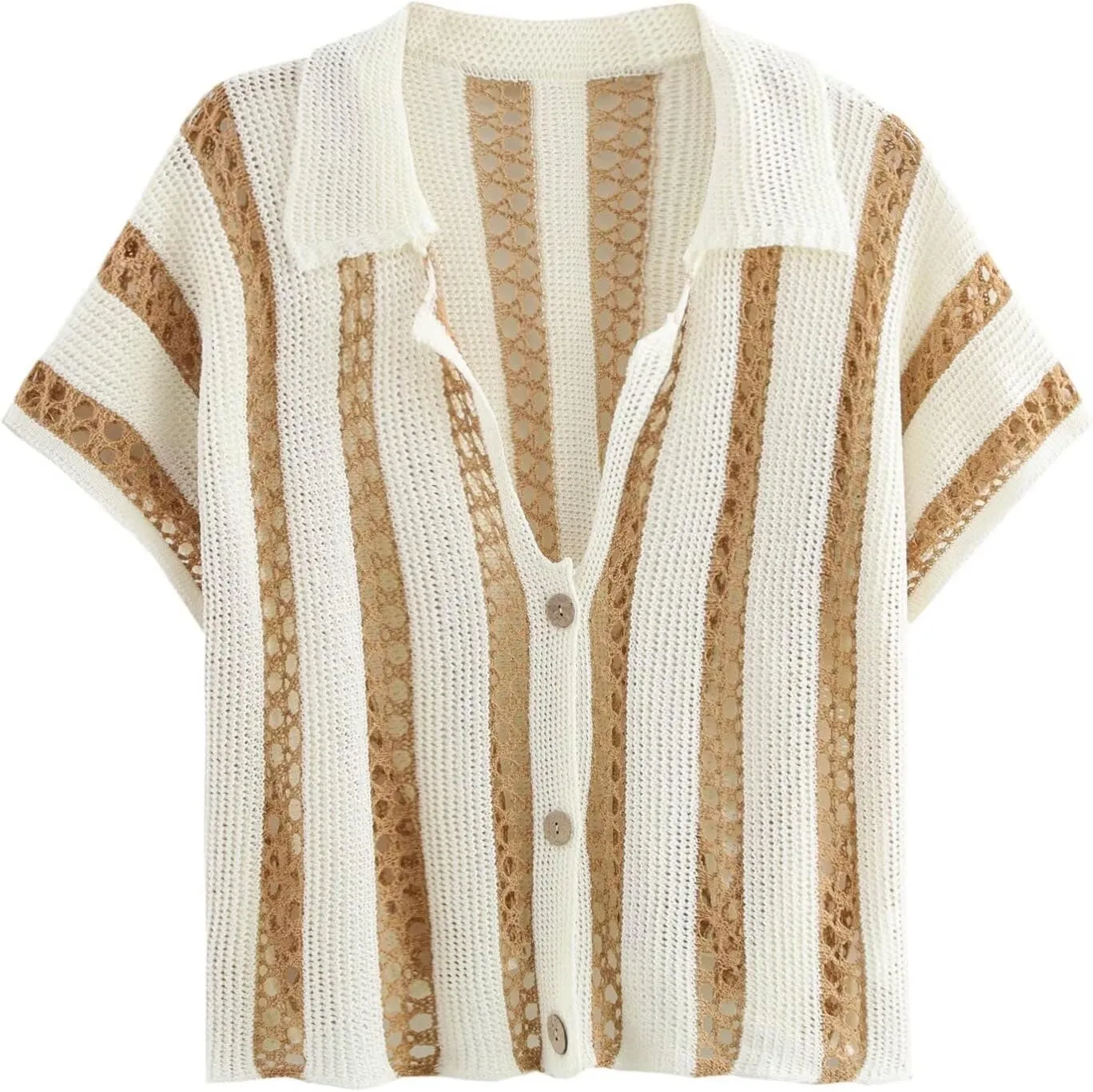 Womens Striped Cropped Crochet Cardigan Summer Casual Short Sleeve V-Neck Button Down Hollow Out Sweater Tops