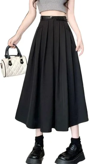 Women's Suit Skirt for Spring and Autumn, High-Waisted Pleated Midi Skirt with A Flared