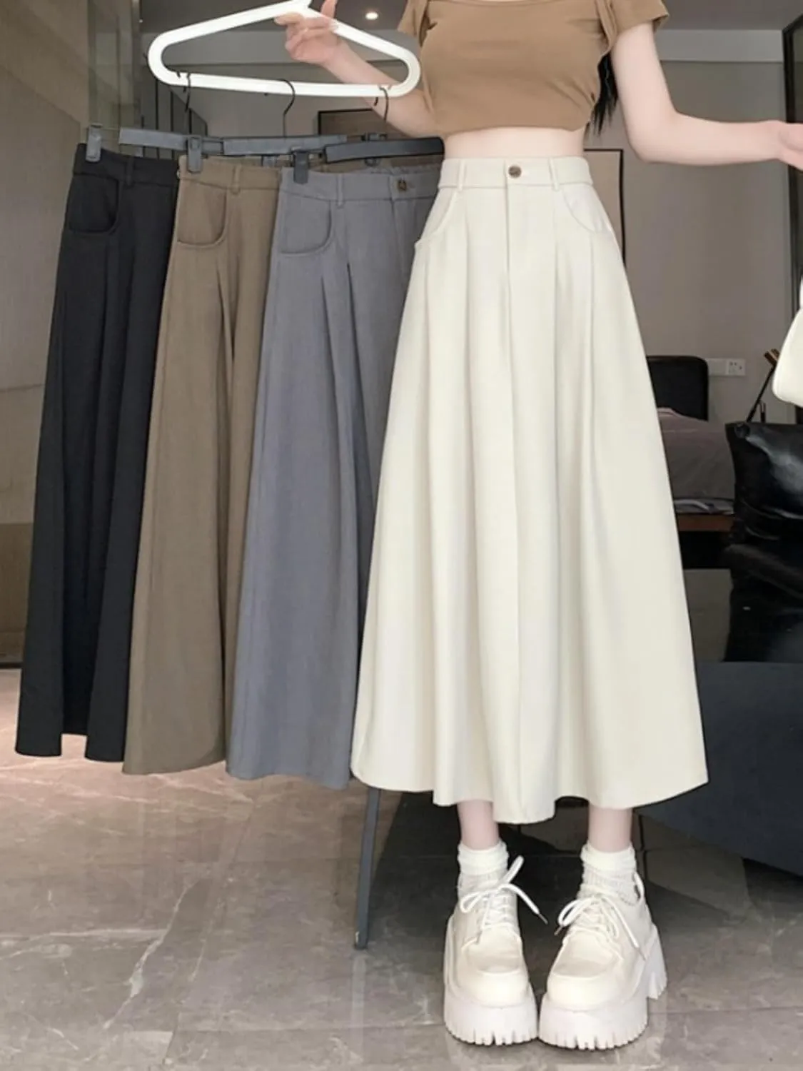 Women's Suit Skirt, Spring Autumn Casual A-Line Skirt, High-Waisted Student Circle Skirt Long Skirt