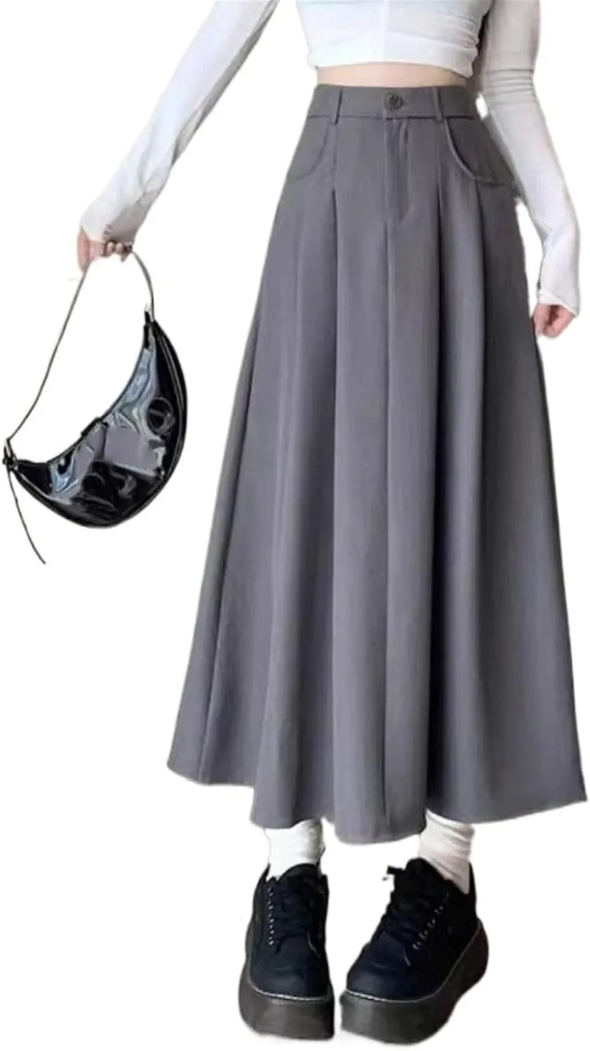 Women's Suit Skirt, Spring Autumn Casual A-Line Skirt, High-Waisted Student Circle Skirt Long Skirt