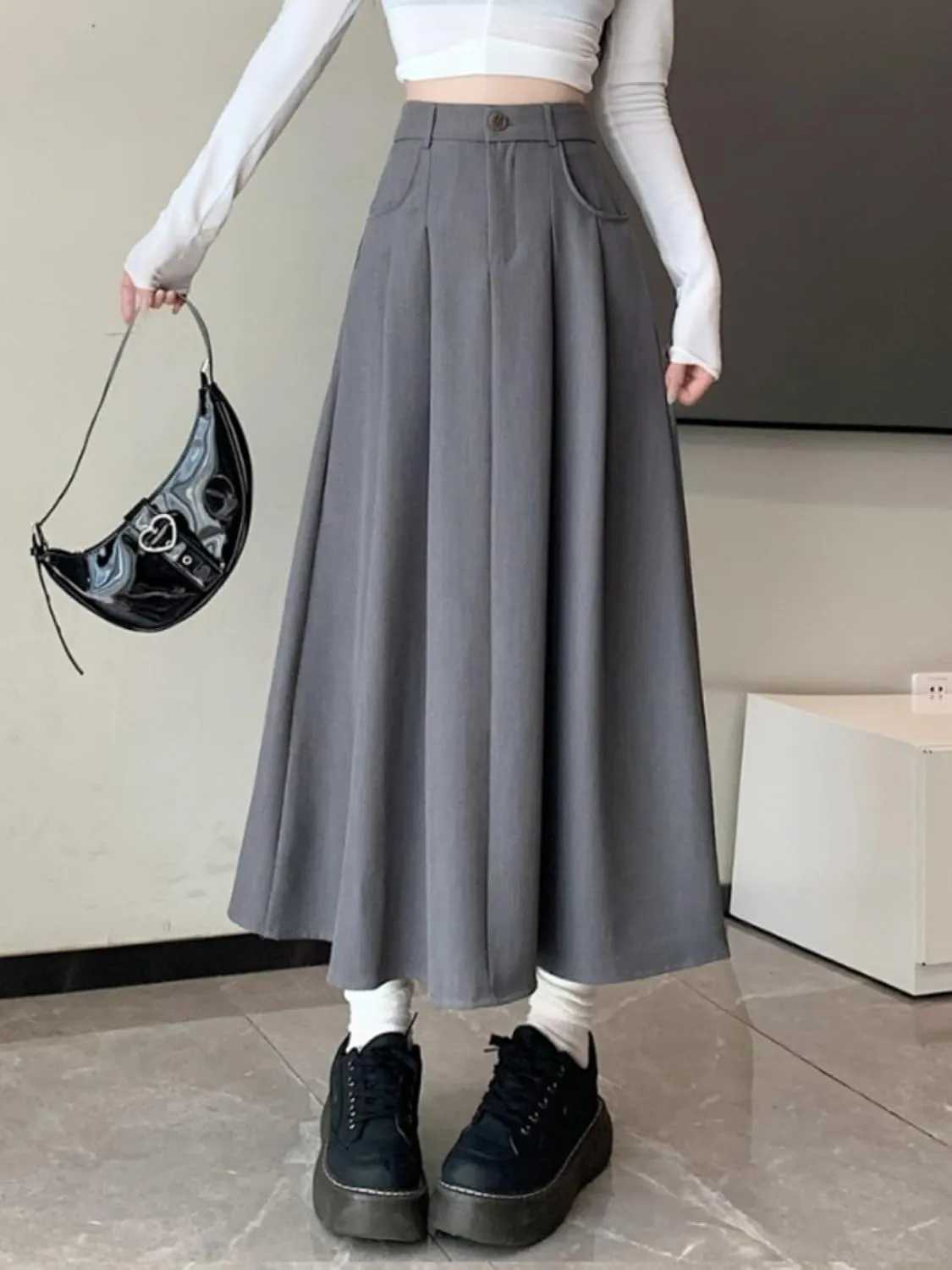 Women's Suit Skirt, Spring Autumn Casual A-Line Skirt, High-Waisted Student Circle Skirt Long Skirt