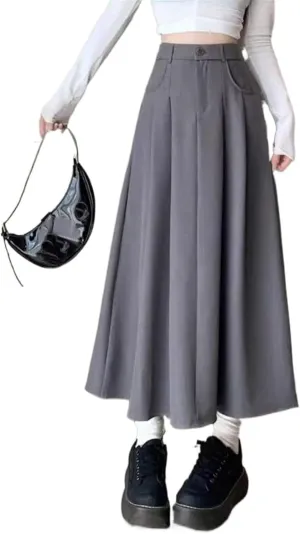 Women's Suit Skirt, Spring Autumn Casual A-Line Skirt, High-Waisted Student Circle Skirt Long Skirt