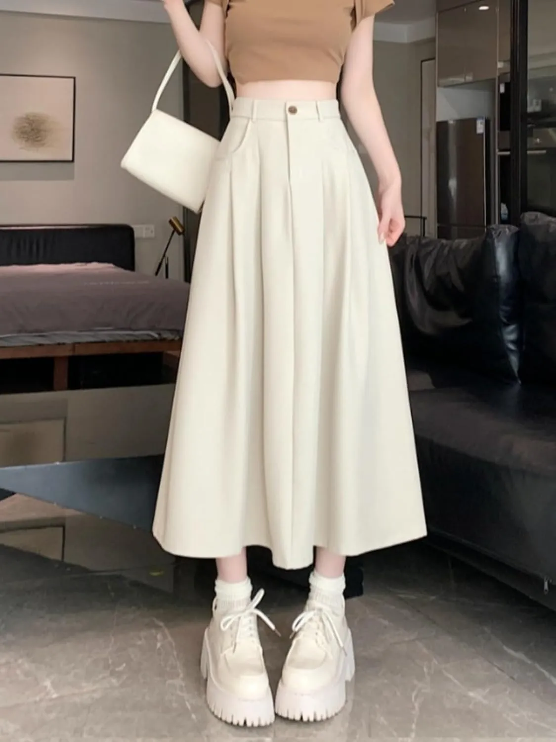 Women's Suit Skirt, Spring Autumn Casual A-Line Skirt, High-Waisted Student Circle Skirt Long Skirt