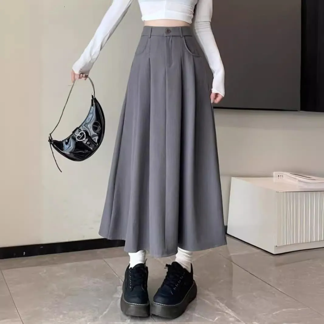 Women's Suit Skirt, Spring Autumn Casual A-Line Skirt, High-Waisted Student Circle Skirt Long Skirt