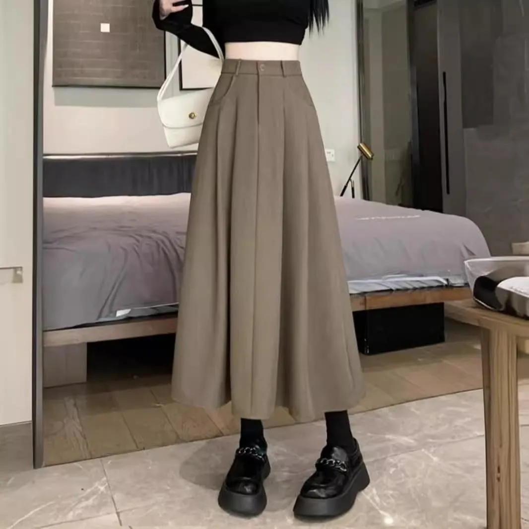 Women's Suit Skirt, Spring Autumn Casual A-Line Skirt, High-Waisted Student Circle Skirt Long Skirt