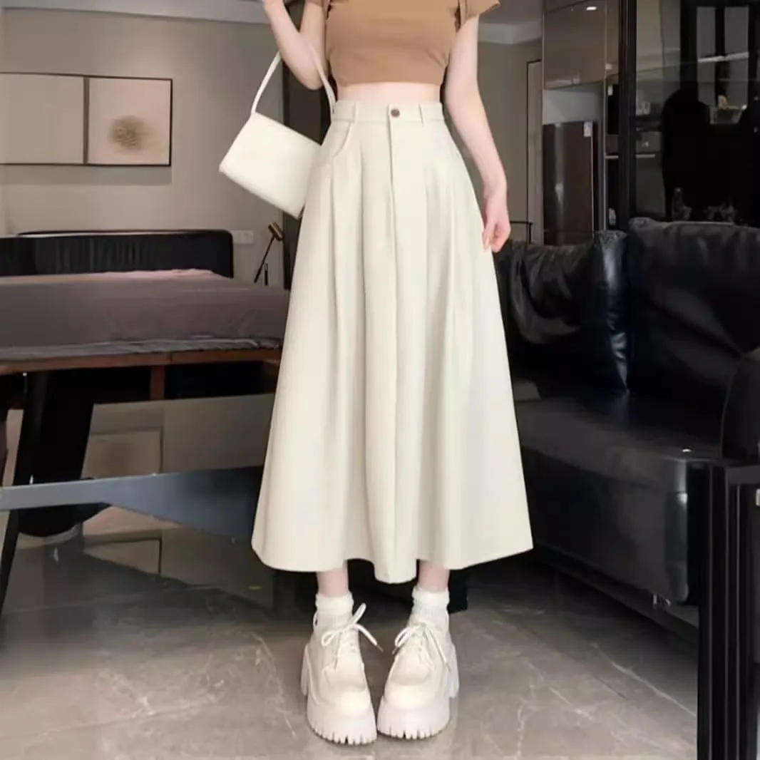 Women's Suit Skirt, Spring Autumn Casual A-Line Skirt, High-Waisted Student Circle Skirt Long Skirt