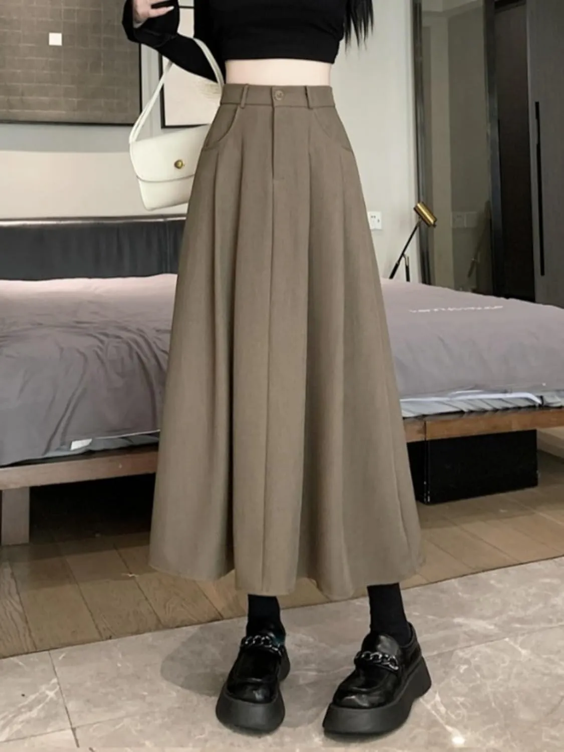 Women's Suit Skirt, Spring Autumn Casual A-Line Skirt, High-Waisted Student Circle Skirt Long Skirt