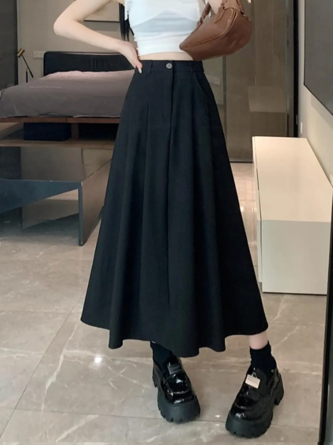 Women's Suit Skirt, Spring Autumn Casual A-Line Skirt, High-Waisted Student Circle Skirt Long Skirt