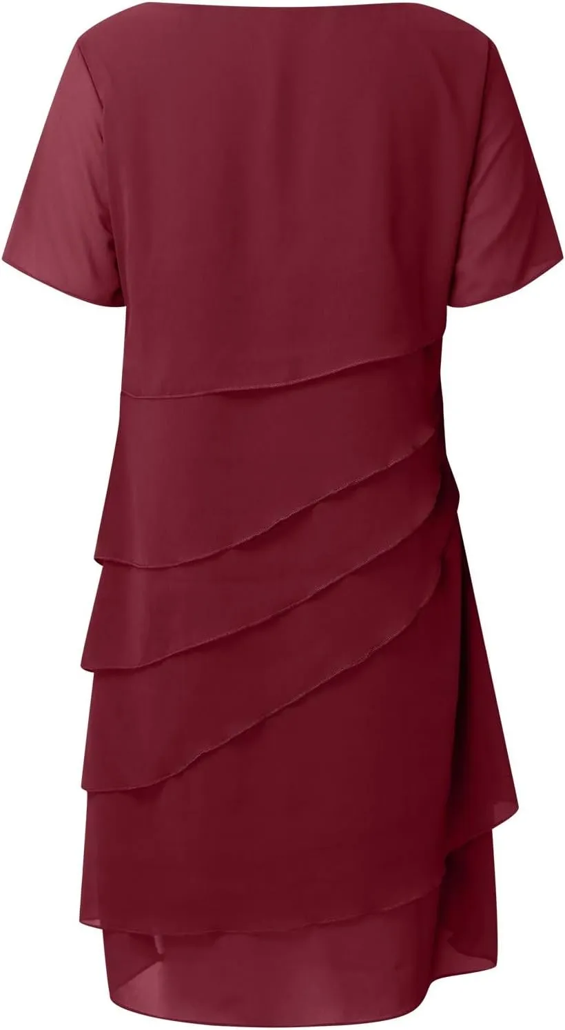 Women's Summer 2025 Midi Dress Chiffon Ruffle Short Sleeve Casual Floral Print Long Flowy Dresses Beach Sundress