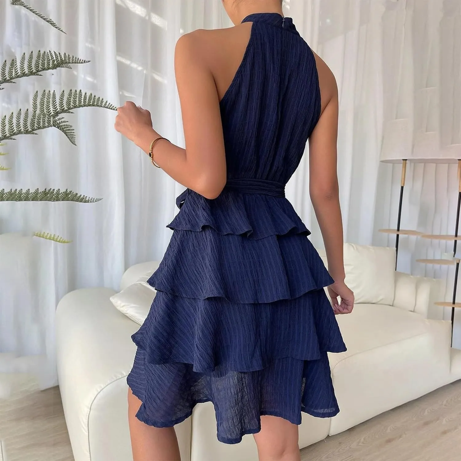 Women's Summer Boho Sleeveless Dress Spaghetti Straps Casual Flowy A Line Beach Party V Neck Ruffle Elegant Dresses