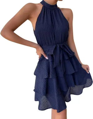Women's Summer Boho Sleeveless Dress Spaghetti Straps Casual Flowy A Line Beach Party V Neck Ruffle Elegant Dresses