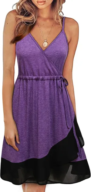 Women's Summer Casual Wrap V Neck Sleeveless Midi Dresses