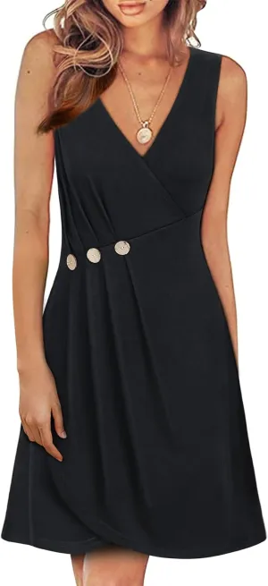 Women's Summer Casual Wrap V Neck Sleeveless Midi Dresses