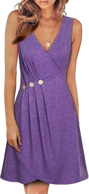 Women's Summer Casual Wrap V Neck Sleeveless Midi Dresses