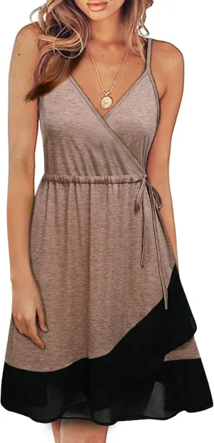 Women's Summer Casual Wrap V Neck Sleeveless Midi Dresses