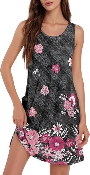 Womens Summer Dresses 2025 Loose Crewneck Sleeveless Tank Dress Casual Eyelet Sundress Swimsuit Coverup with Pockets