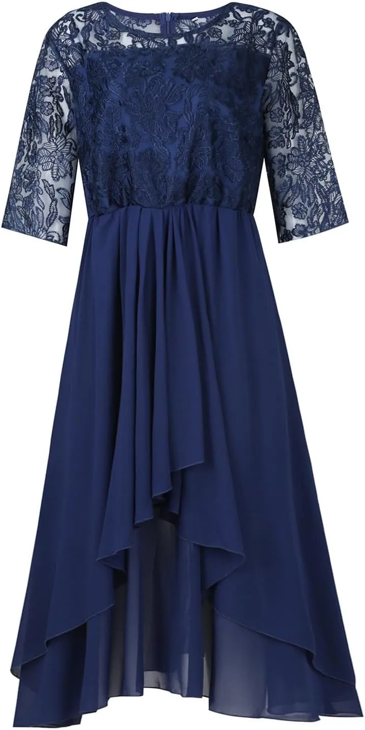 Women's Summer Elegant Trendy V-Neck Short Sleeve Lace Chiffon Prom Party Cocktail Wedding Guest Dress, S-3XL