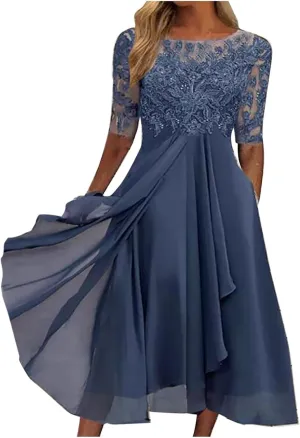 Women's Summer Elegant Trendy V-Neck Short Sleeve Lace Chiffon Prom Party Cocktail Wedding Guest Dress, S-3XL