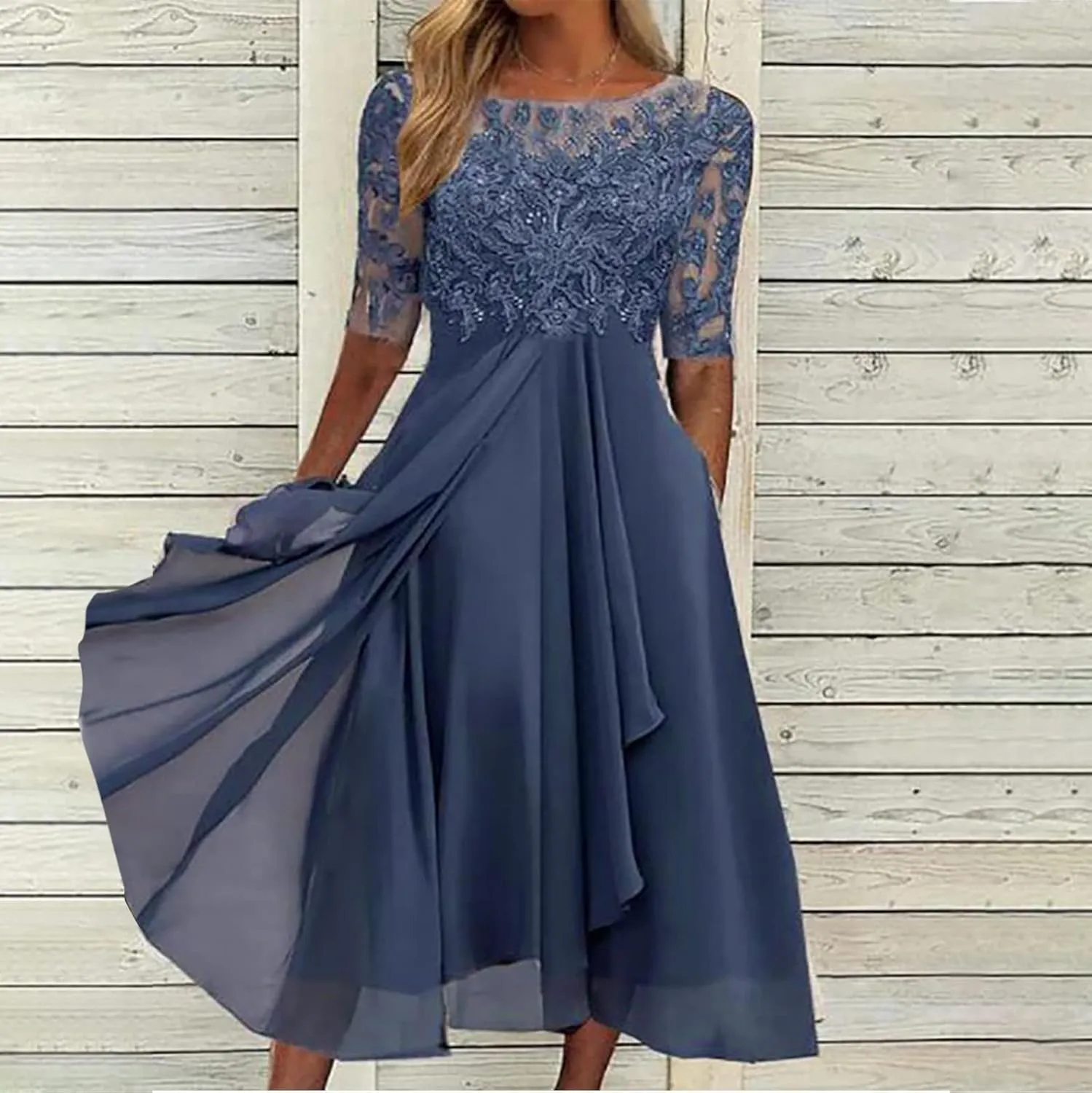 Women's Summer Elegant Trendy V-Neck Short Sleeve Lace Chiffon Prom Party Cocktail Wedding Guest Dress, S-3XL