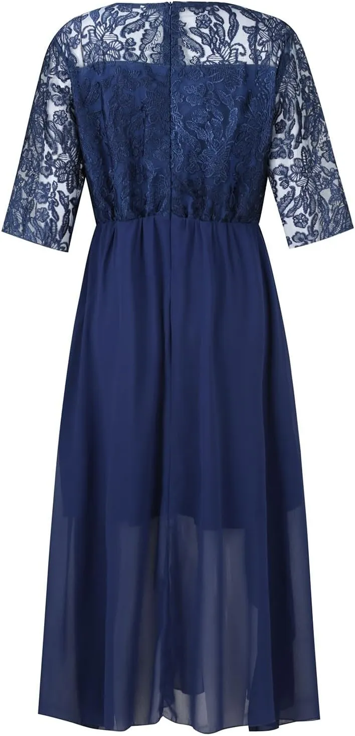 Women's Summer Elegant Trendy V-Neck Short Sleeve Lace Chiffon Prom Party Cocktail Wedding Guest Dress, S-3XL