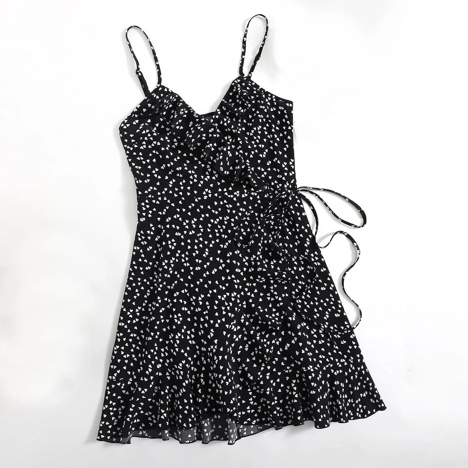 Womens Summer Floral Dress Pleated Ruffle Trim Spaghetti Strap Mini Dress Sexy V Neck Beach Vacation Sundress