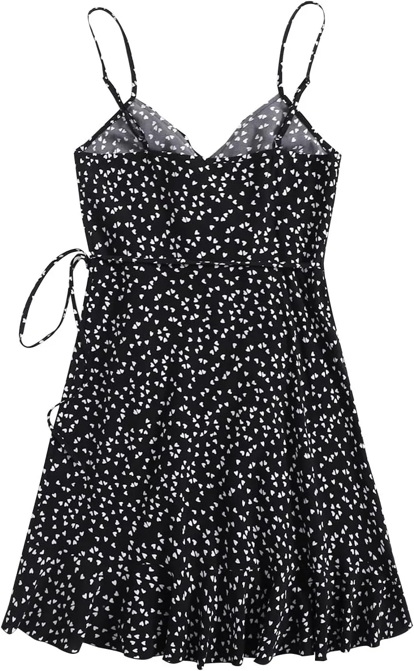 Womens Summer Floral Dress Pleated Ruffle Trim Spaghetti Strap Mini Dress Sexy V Neck Beach Vacation Sundress