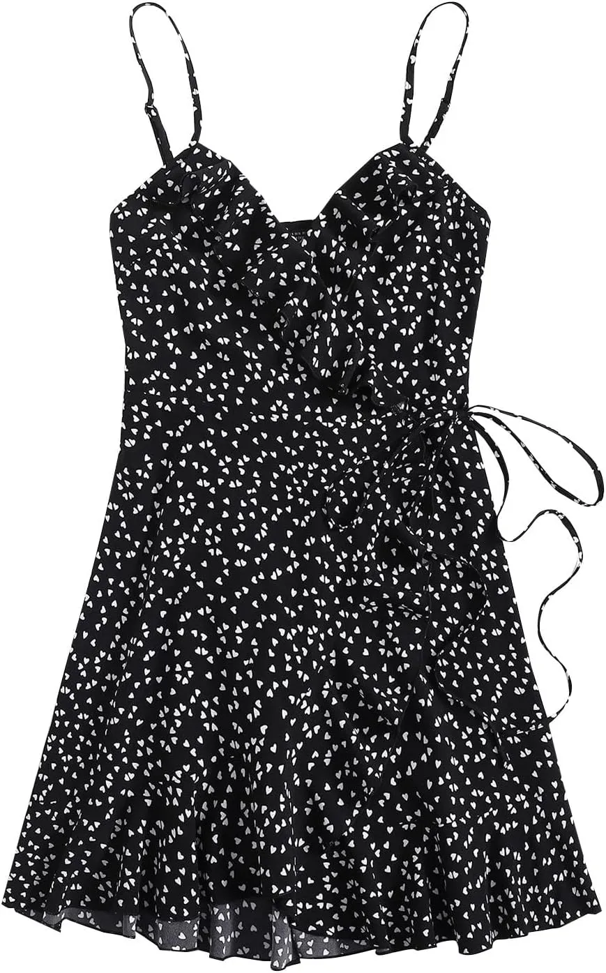 Womens Summer Floral Dress Pleated Ruffle Trim Spaghetti Strap Mini Dress Sexy V Neck Beach Vacation Sundress