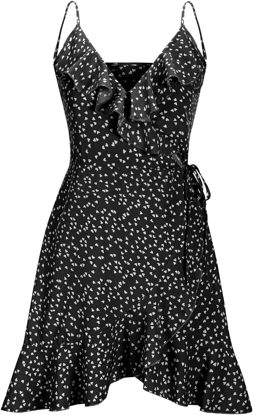 Womens Summer Floral Dress Pleated Ruffle Trim Spaghetti Strap Mini Dress Sexy V Neck Beach Vacation Sundress