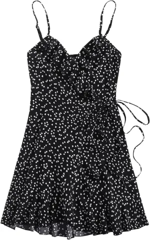 Womens Summer Floral Dress Pleated Ruffle Trim Spaghetti Strap Mini Dress Sexy V Neck Beach Vacation Sundress