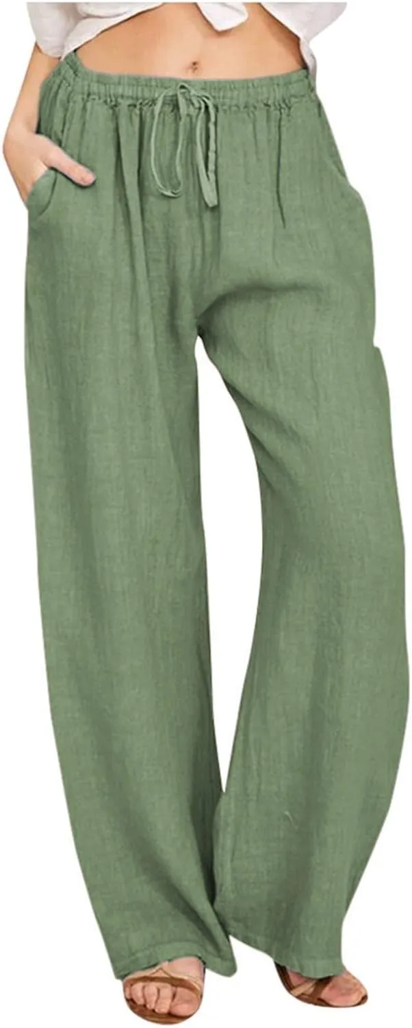 Women's Summer High Waist Wide Leg Pants,Loose Fit Casual Trousers with Button Front,Stretch Lounge Pants