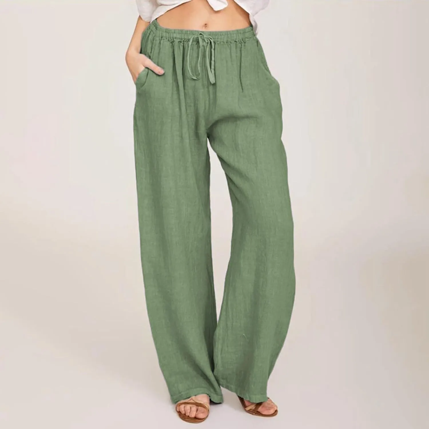 Women's Summer High Waist Wide Leg Pants,Loose Fit Casual Trousers with Button Front,Stretch Lounge Pants