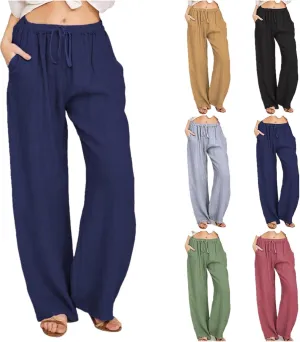 Women's Summer High Waist Wide Leg Pants,Loose Fit Casual Trousers with Button Front,Stretch Lounge Pants