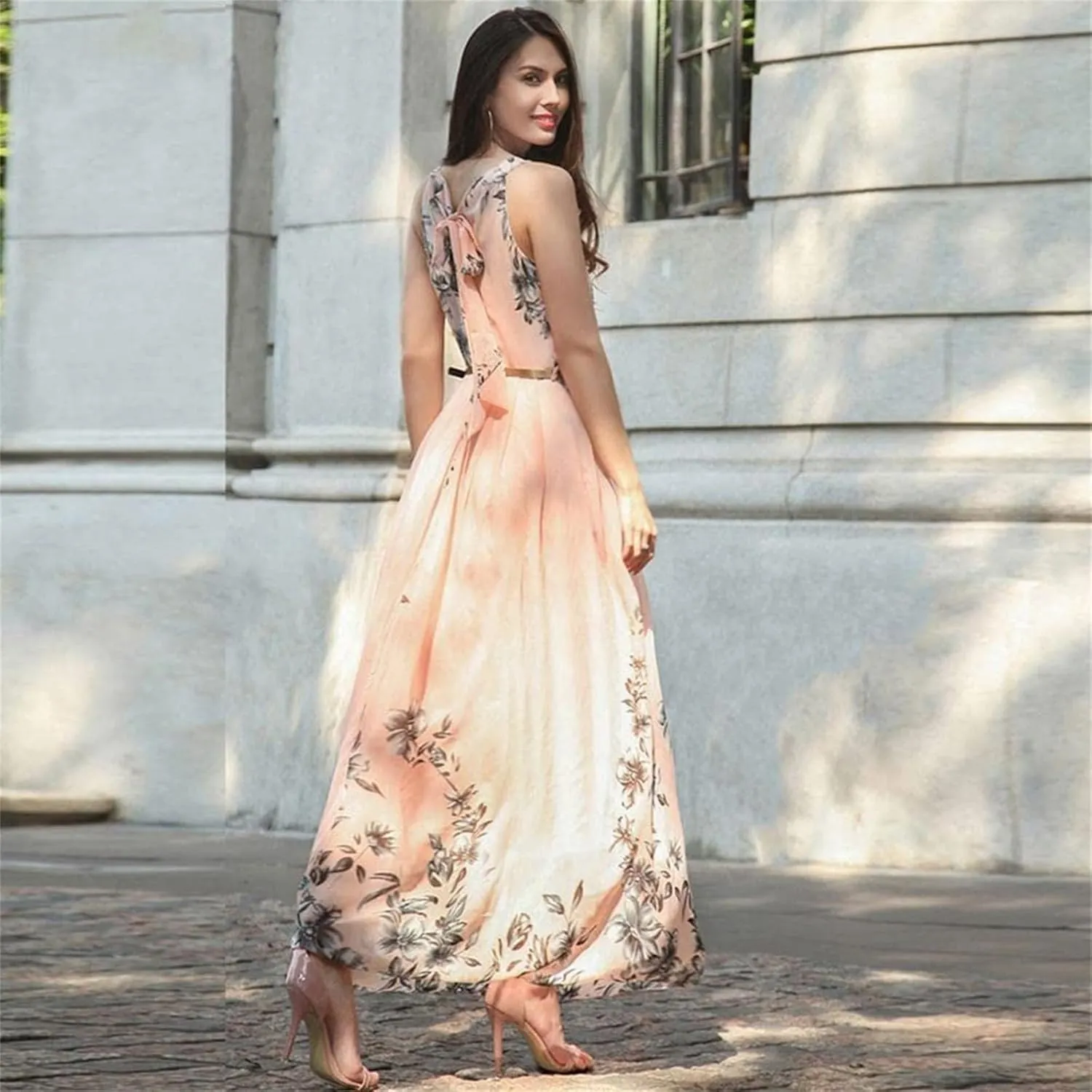 Women's Summer Maxi Dress Casual Gradient Sleeveless Dress Split Floral Sundress Beach Vacation Flowy Long Dresses
