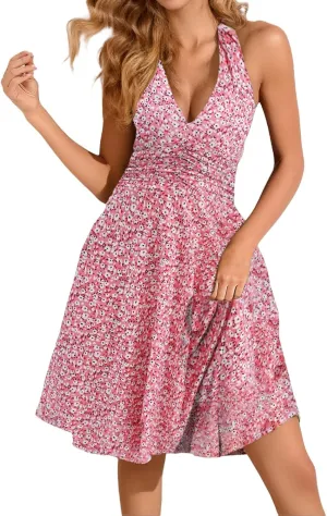 Women's Summer Sleeveless Sundress Sexy Wrap Halter V Neck 2025 Spring Floral Elastic Waist Ruffle Mini Dress Beach Vacation