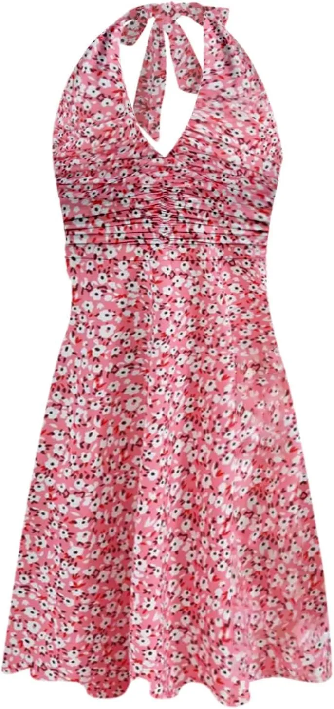 Women's Summer Sleeveless Sundress Sexy Wrap Halter V Neck 2025 Spring Floral Elastic Waist Ruffle Mini Dress Beach Vacation