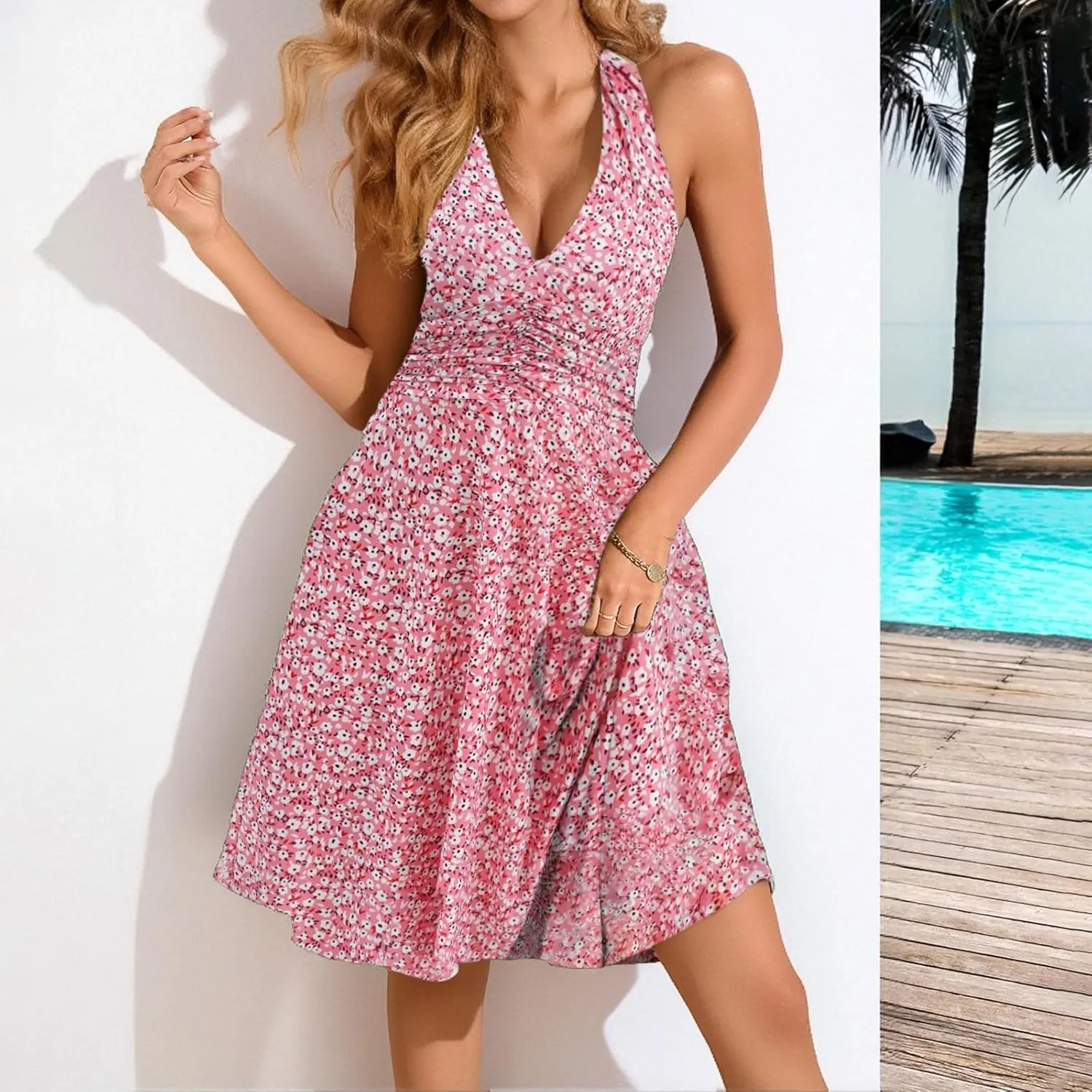 Women's Summer Sleeveless Sundress Sexy Wrap Halter V Neck 2025 Spring Floral Elastic Waist Ruffle Mini Dress Beach Vacation