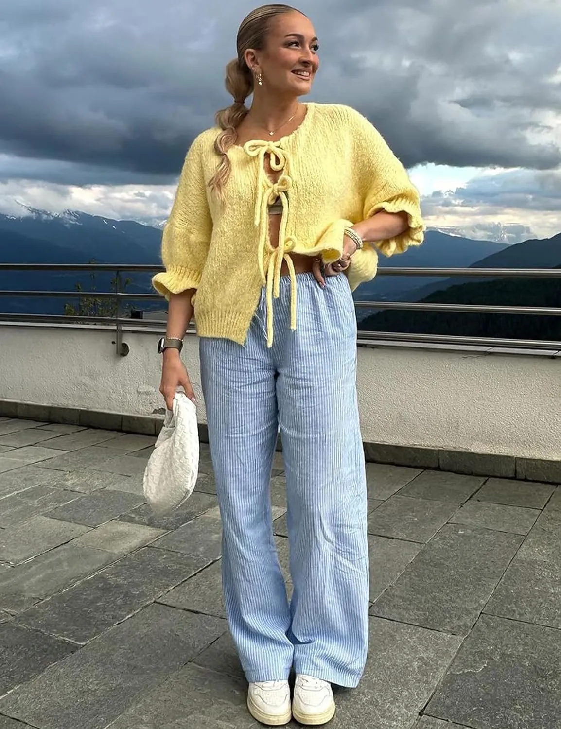 Womens Tie Front Cardigan Sweater Bow Knit Y2K Oversized Cardigan Casual Long Sleeve Open Front Knitwears Bow Tops
