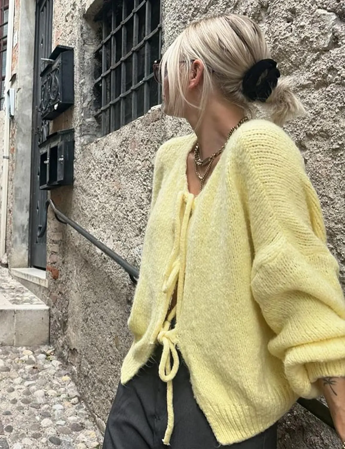Womens Tie Front Cardigan Sweater Bow Knit Y2K Oversized Cardigan Casual Long Sleeve Open Front Knitwears Bow Tops