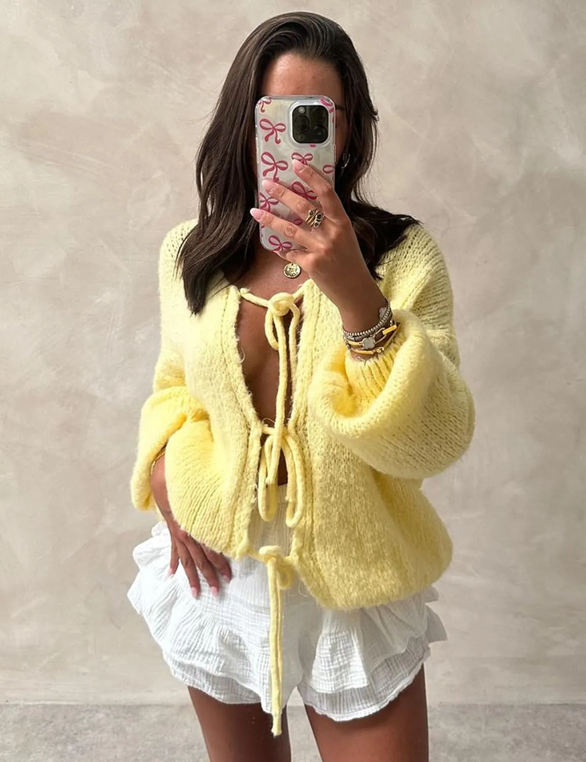 Womens Tie Front Cardigan Sweater Bow Knit Y2K Oversized Cardigan Casual Long Sleeve Open Front Knitwears Bow Tops