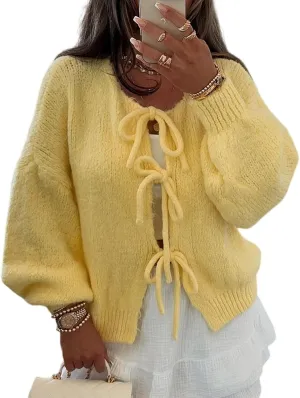 Womens Tie Front Cardigan Sweater Bow Knit Y2K Oversized Cardigan Casual Long Sleeve Open Front Knitwears Bow Tops