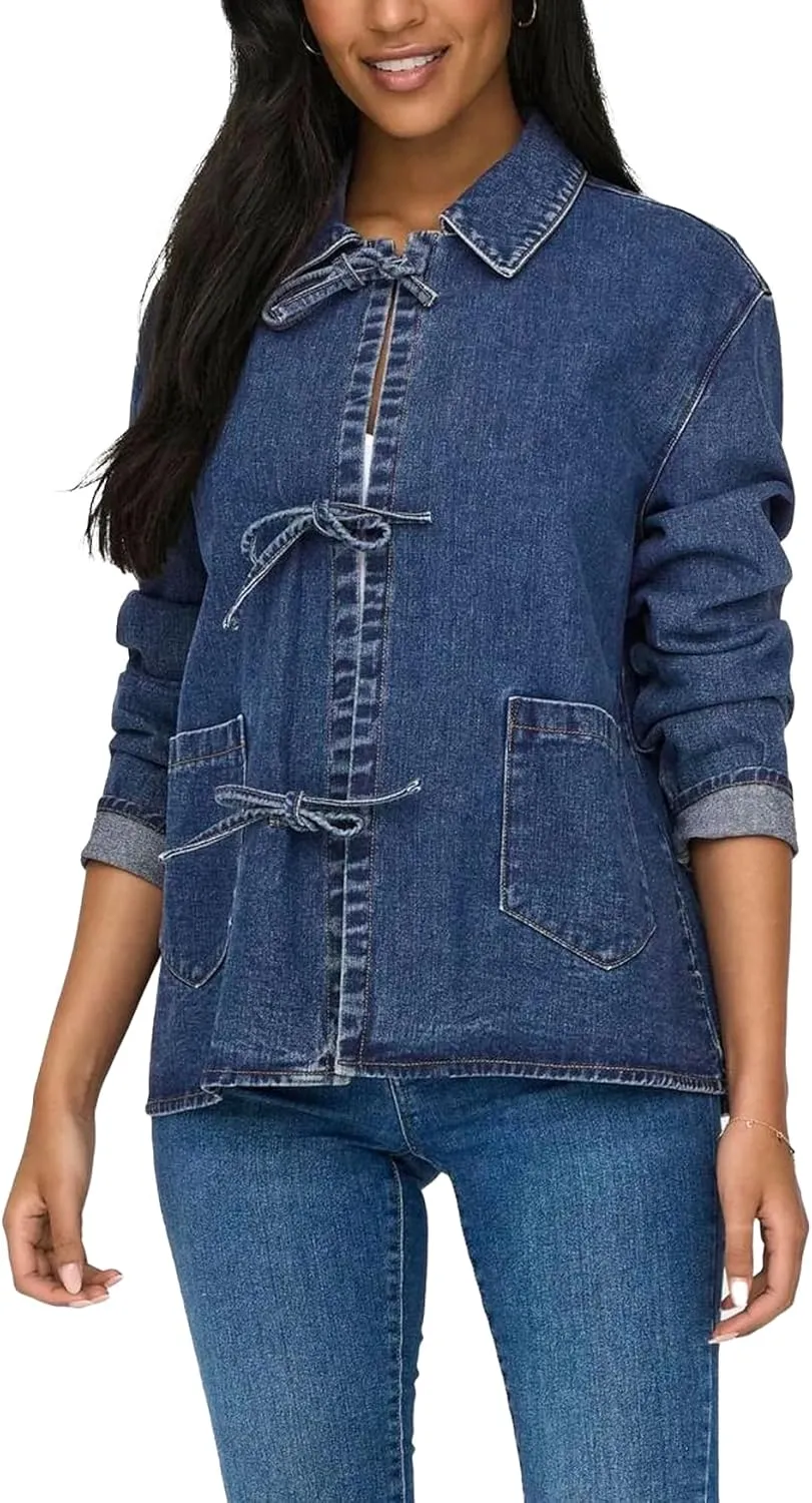 Womens Tie Front Jean Jacket Lightweight Casual Loose Long Sleeve Denim Shacket Coat with Pockets
