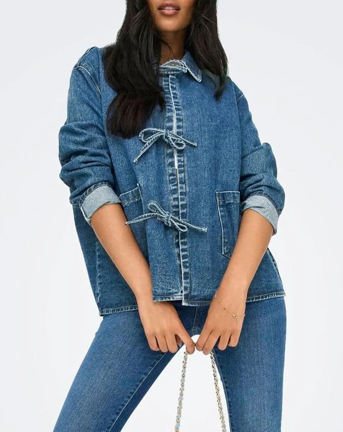 Womens Tie Front Jean Jacket Lightweight Casual Loose Long Sleeve Denim Shacket Coat with Pockets