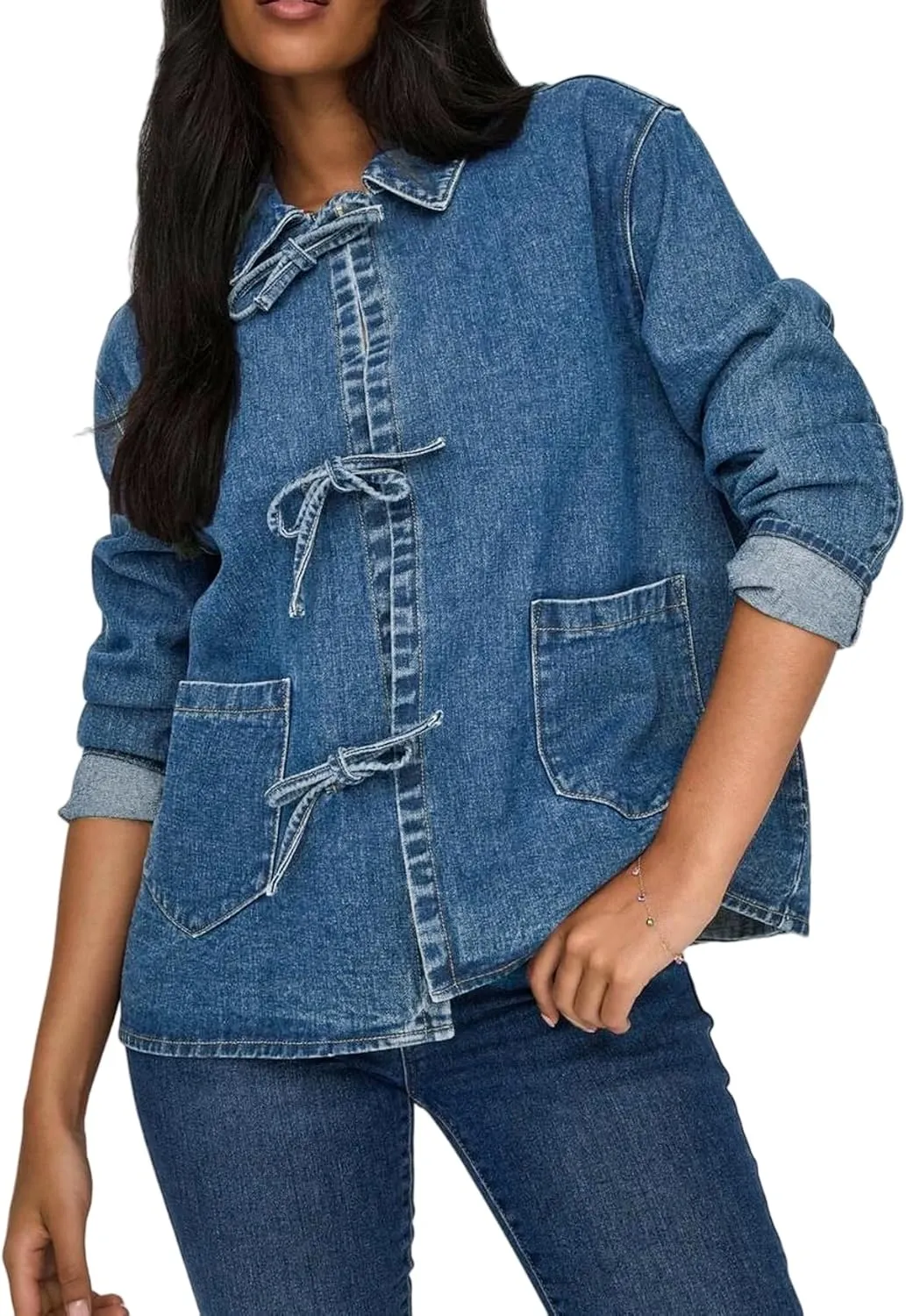 Womens Tie Front Jean Jacket Lightweight Casual Loose Long Sleeve Denim Shacket Coat with Pockets