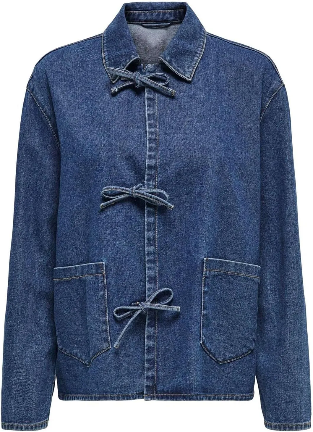 Womens Tie Front Jean Jacket Lightweight Casual Loose Long Sleeve Denim Shacket Coat with Pockets